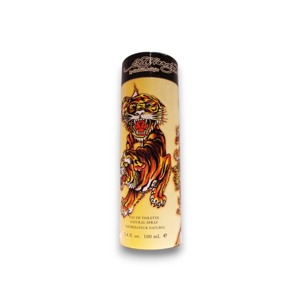 Confezione cilindrica con design a tigre. Marchio Ed Hardy. Spray Eau de Toilette. 100 ml.