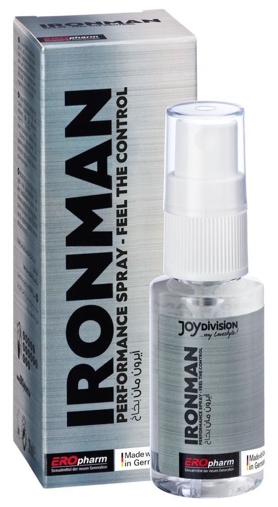 Flacone e scatola JOYDIVISION EROpharm IRONMAN Performance Spray.