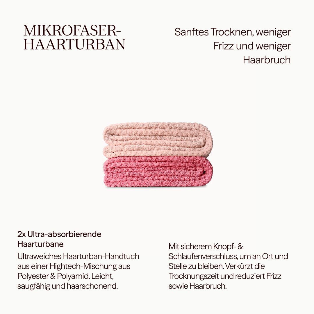 Due turbanti per capelli rosa ultra assorbenti. Il testo descrive le caratteristiche: morbidi, leggeri, assorbenti, con chiusura a bottone.
