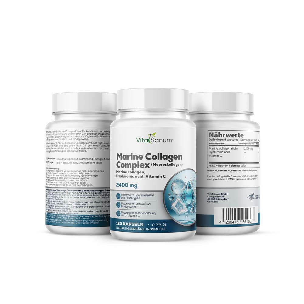 Tre flaconi bianchi 'VitaSanum Marine Collagen Complex'. 120 capsule. Con vitamina C. Informazioni prodotto.