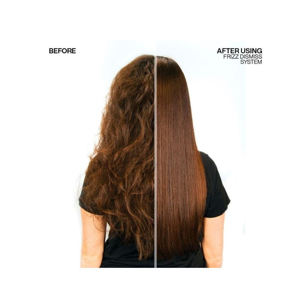 Confronto prima/dopo. Sinistra: Capelli crespi. Destra: Capelli lisci. Testo: Dopo aver usato Frizz Dismiss System.