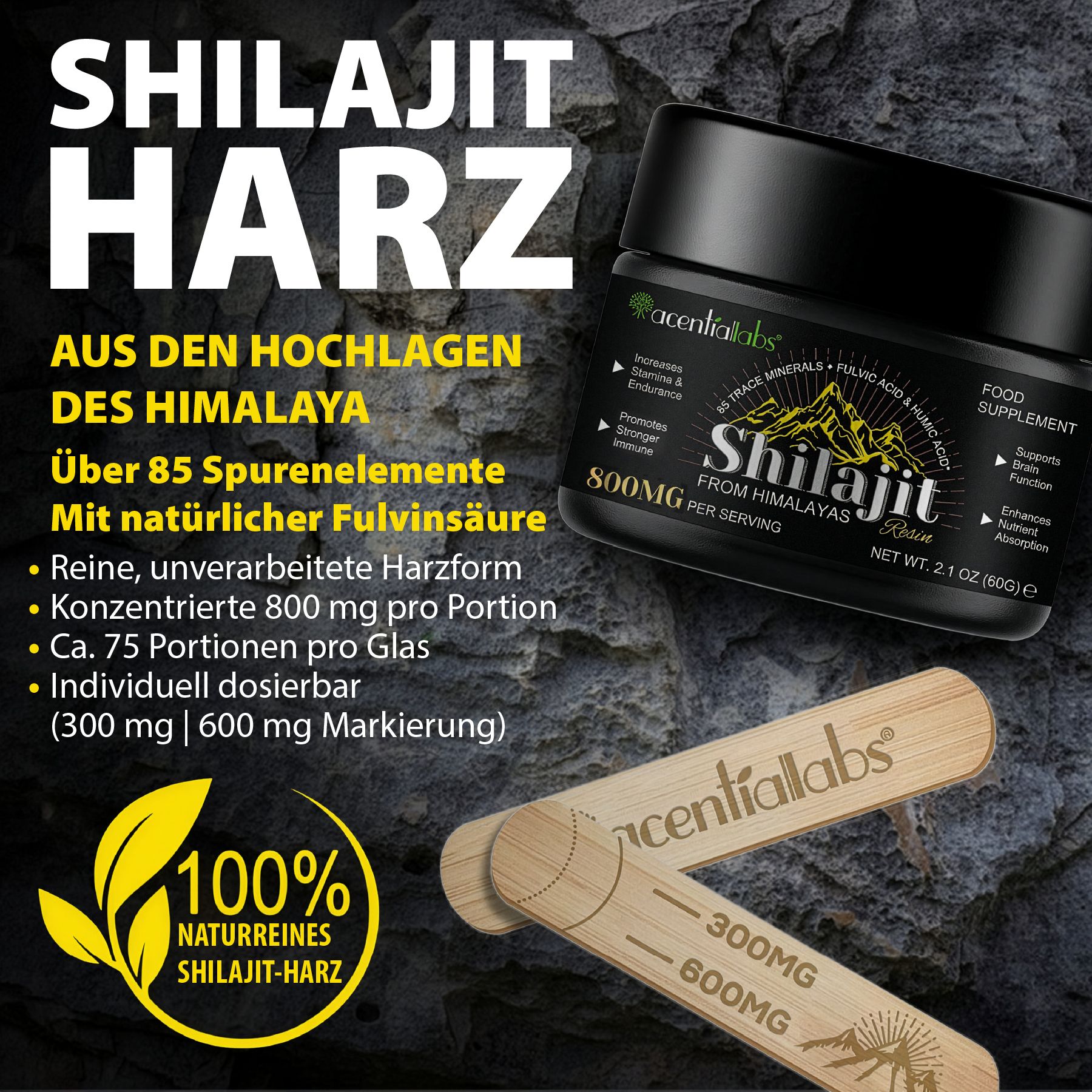 Vasetto nero con resina Shilajit, bastoncini di legno con marcature. Testo: 100% resina Shilajit naturale.