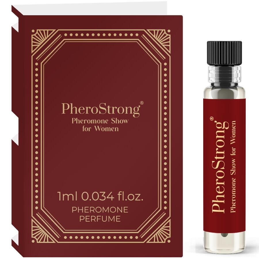 PheroStrong Pheromone Show for Women, 1ml. Flacone e scatola pieghevole.