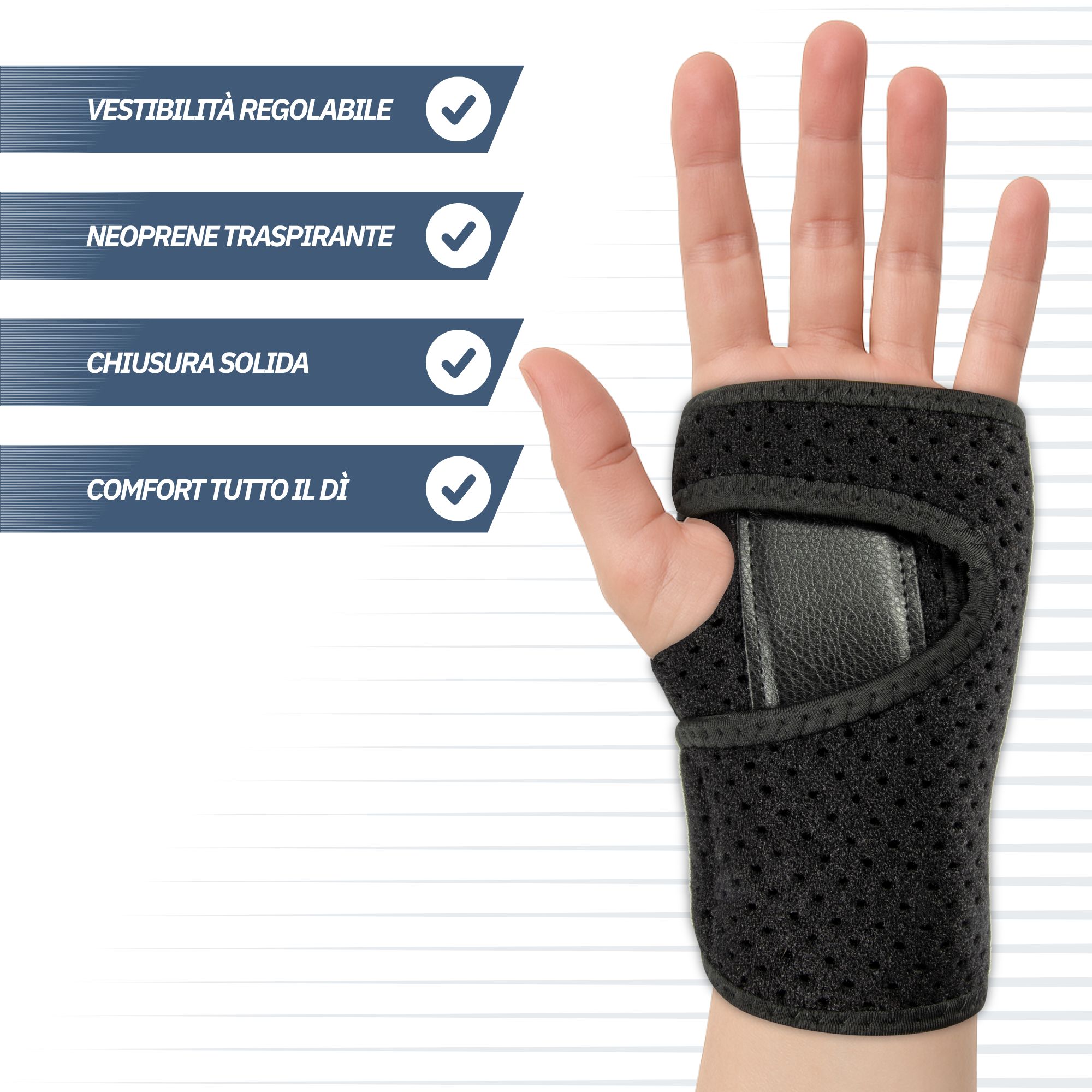 Tutore per polso nero in neoprene traspirante con chiusura in velcro e stecca metallica.