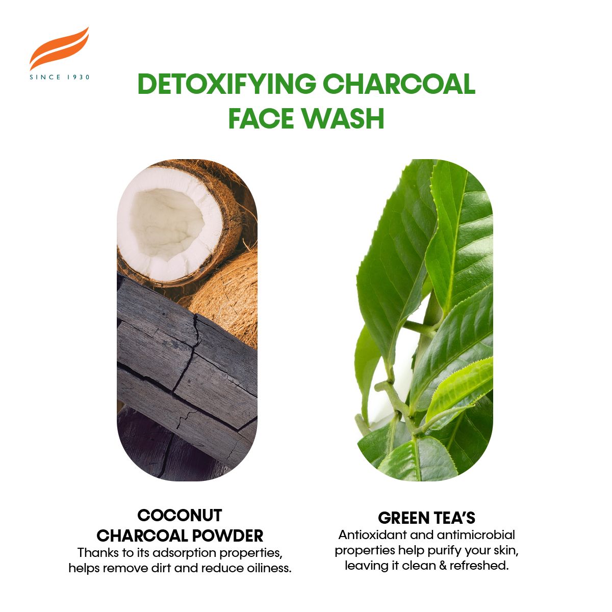 Himalaya Detergente Viso Disintossicante al Carbone: Cocco e carbone attivo a sinistra, tè verde a destra.