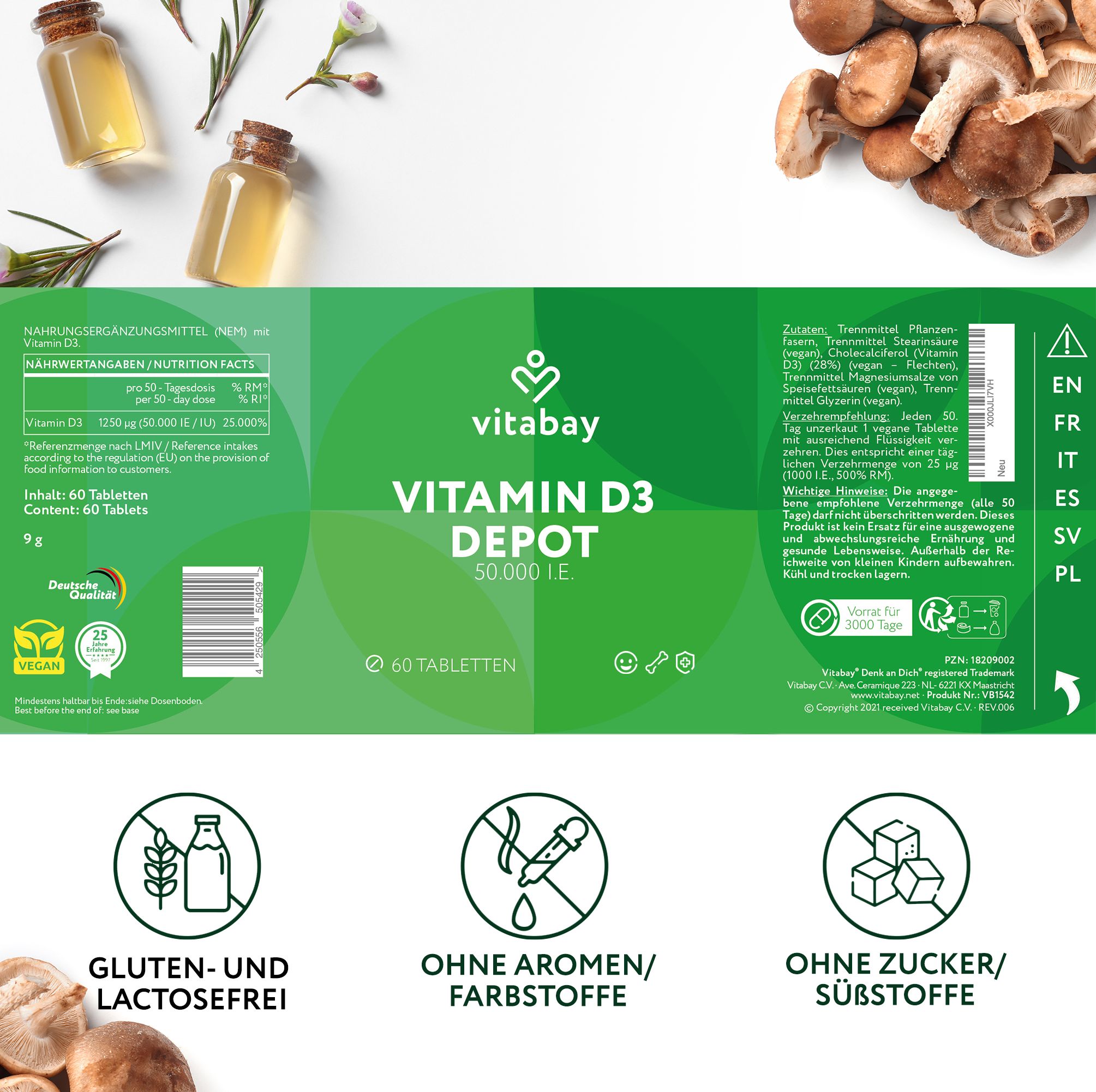 Vitabay Vitamina D3 Depot 50.000 UI. 60 compresse. Senza glutine e lattosio. Senza aromi/coloranti. Senza zucchero/dolcificanti.