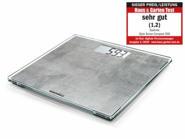 Bilancia con display digitale. Superficie grigia effetto cemento. Riconoscimento 'molto buono'.