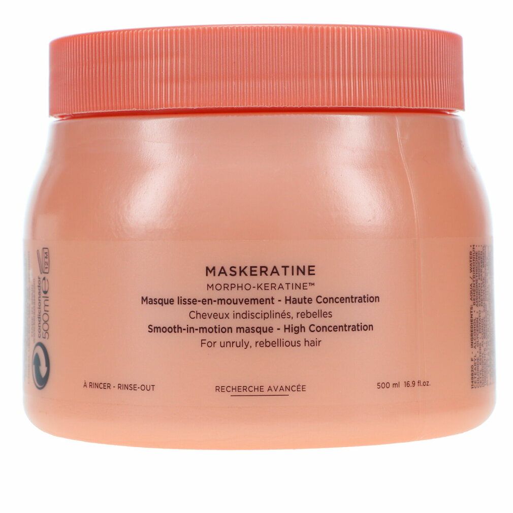 Barattolo rosa con coperchio. Scritta: MASKERATINE, 500 ml, 16.9 fl.oz. Testo: Masque lisse-en-mouvement, Anti-Frizz, per capelli ribelli.