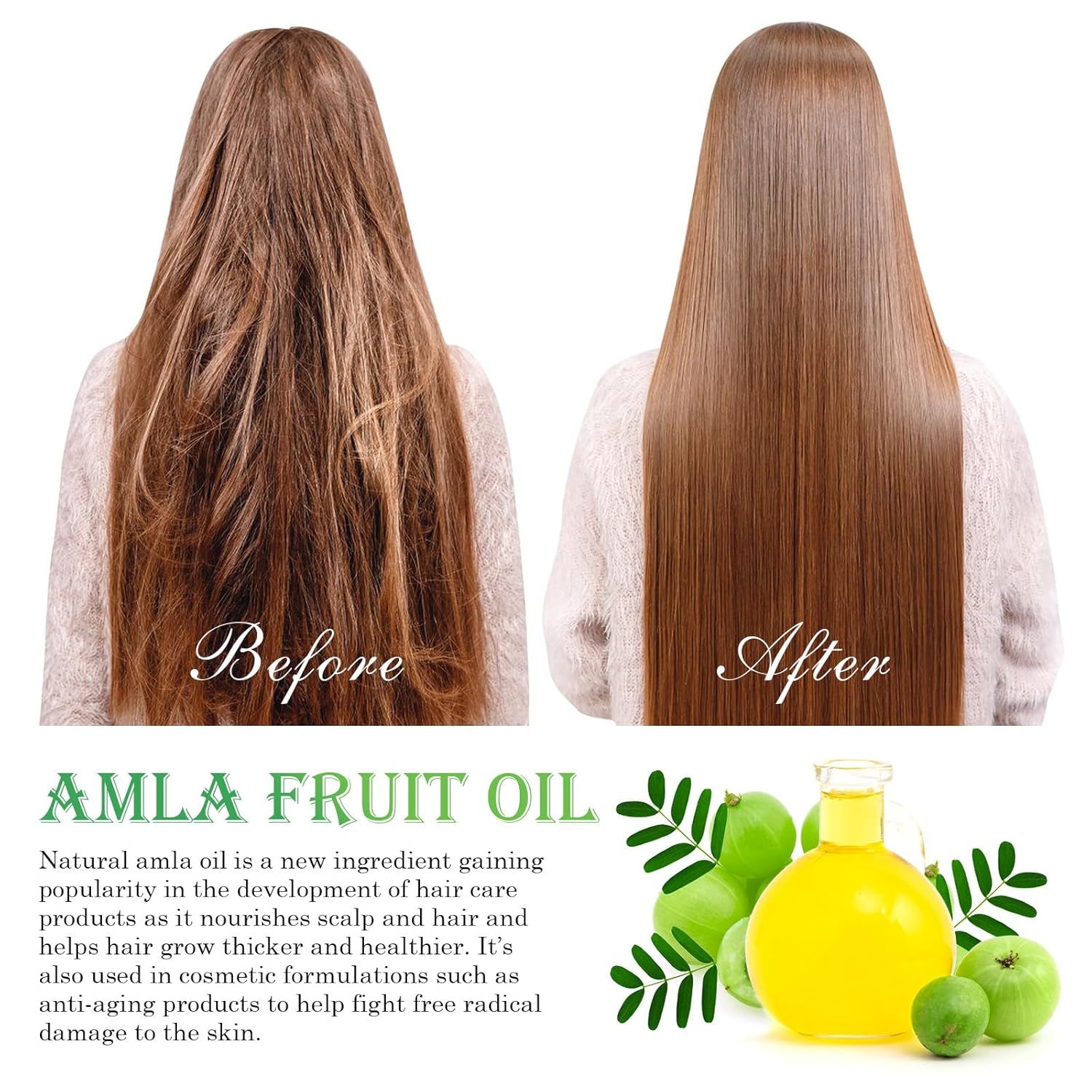 Confronto prima/dopo dei capelli. Olio per capelli Amla. Bottiglia di liquido giallo e frutta verde. Testo: Amla Fruit Oil.