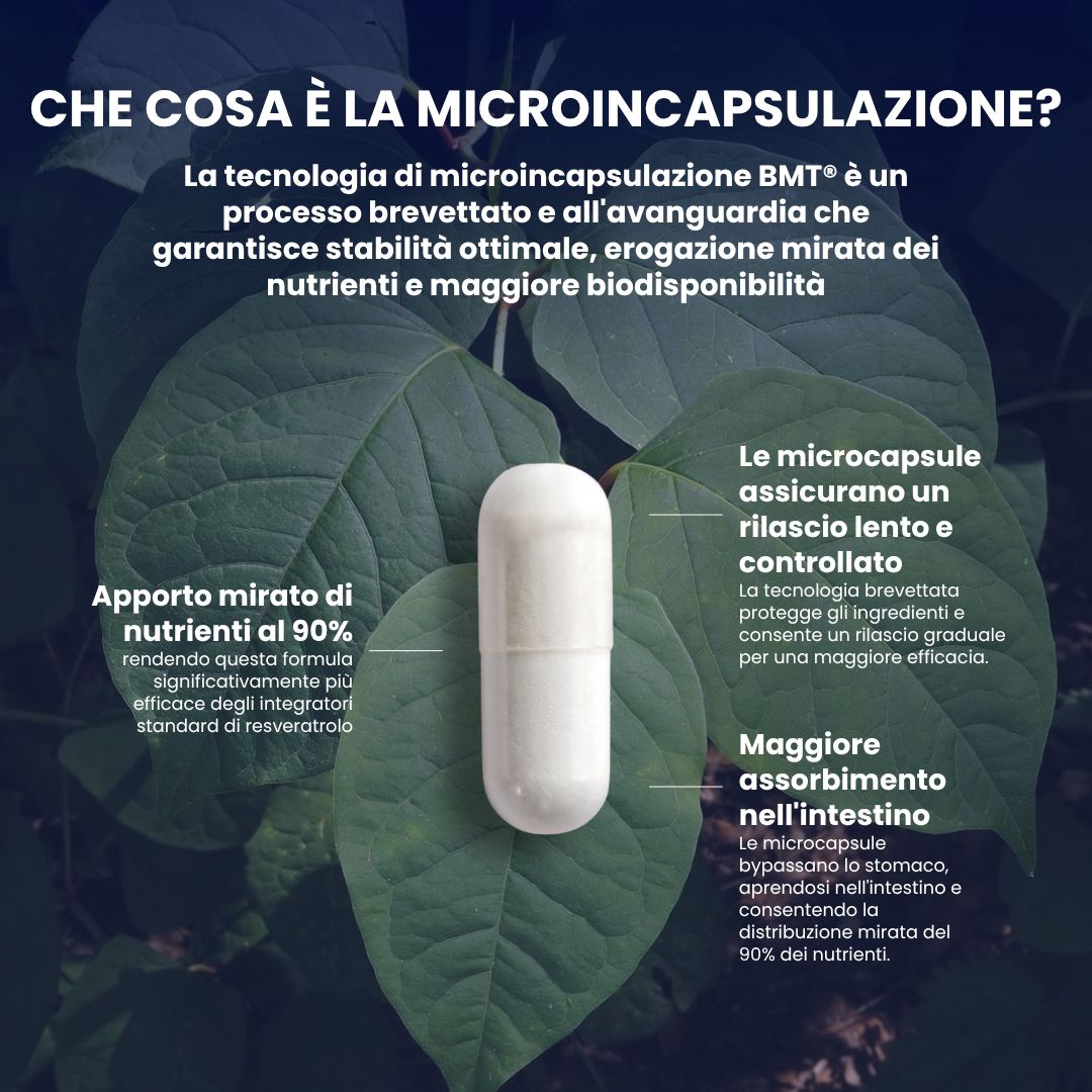Capsula bianca su foglie. Testo: Microincapsulazione. Apporto mirato di nutrienti al 90%. Maggiore assorbimento nell'intestino.