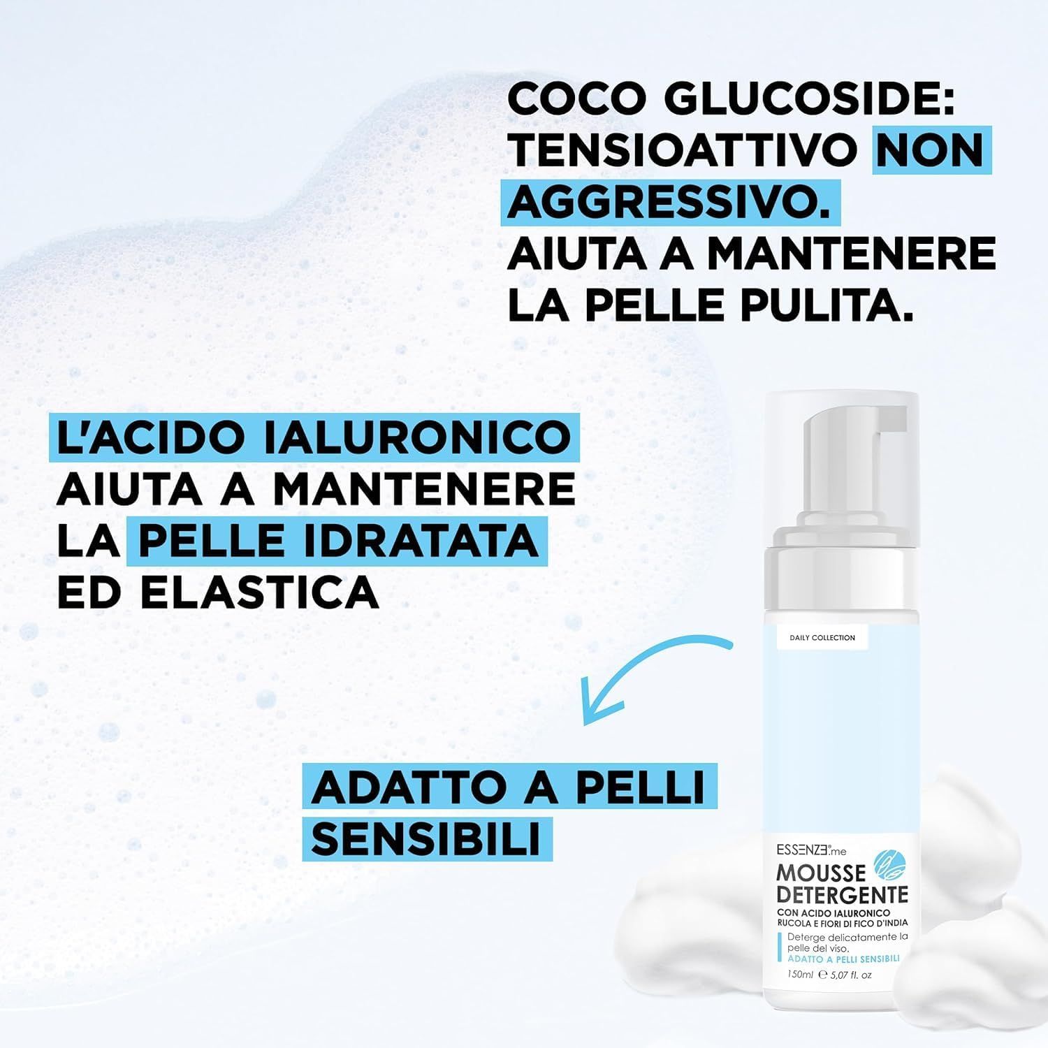 Essenze.me Mousse Detergente Viso Schiuma Delicata con Acido Ialuronico Rucola e Fico d’India 150ml
