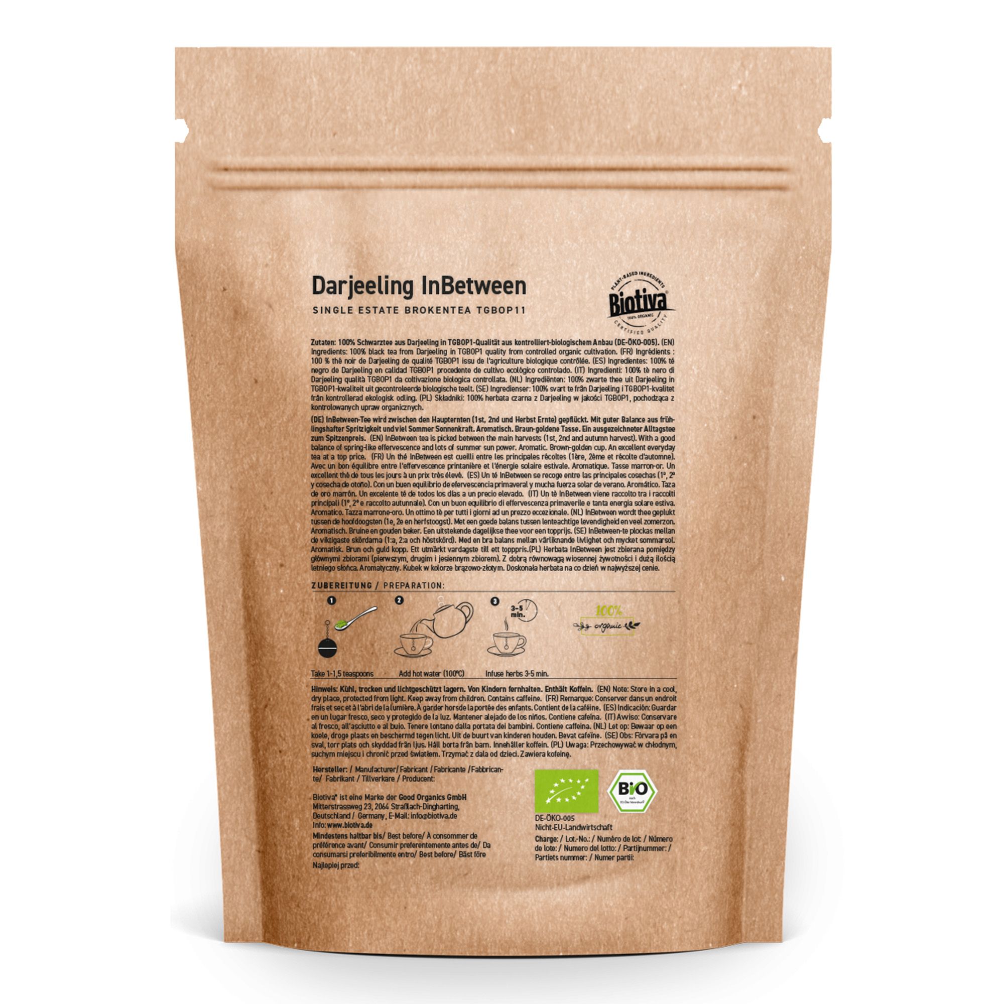 Retro della bustina di tè nero Biotiva Darjeeling InBetween Bio. Testo ed etichetta biologica.