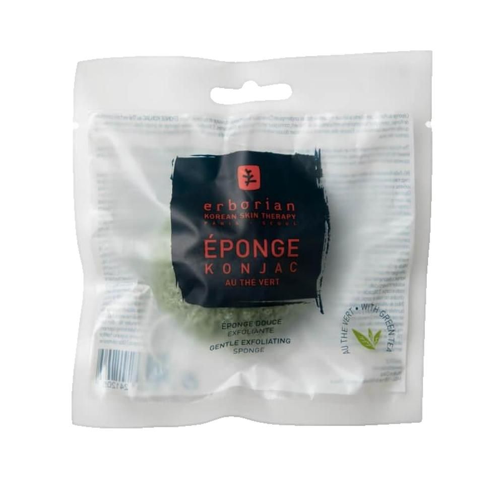 Spugna Konjac verde in confezione trasparente. Confezione con nome e logo del prodotto. Testo: ÉPONGE KONJAC.