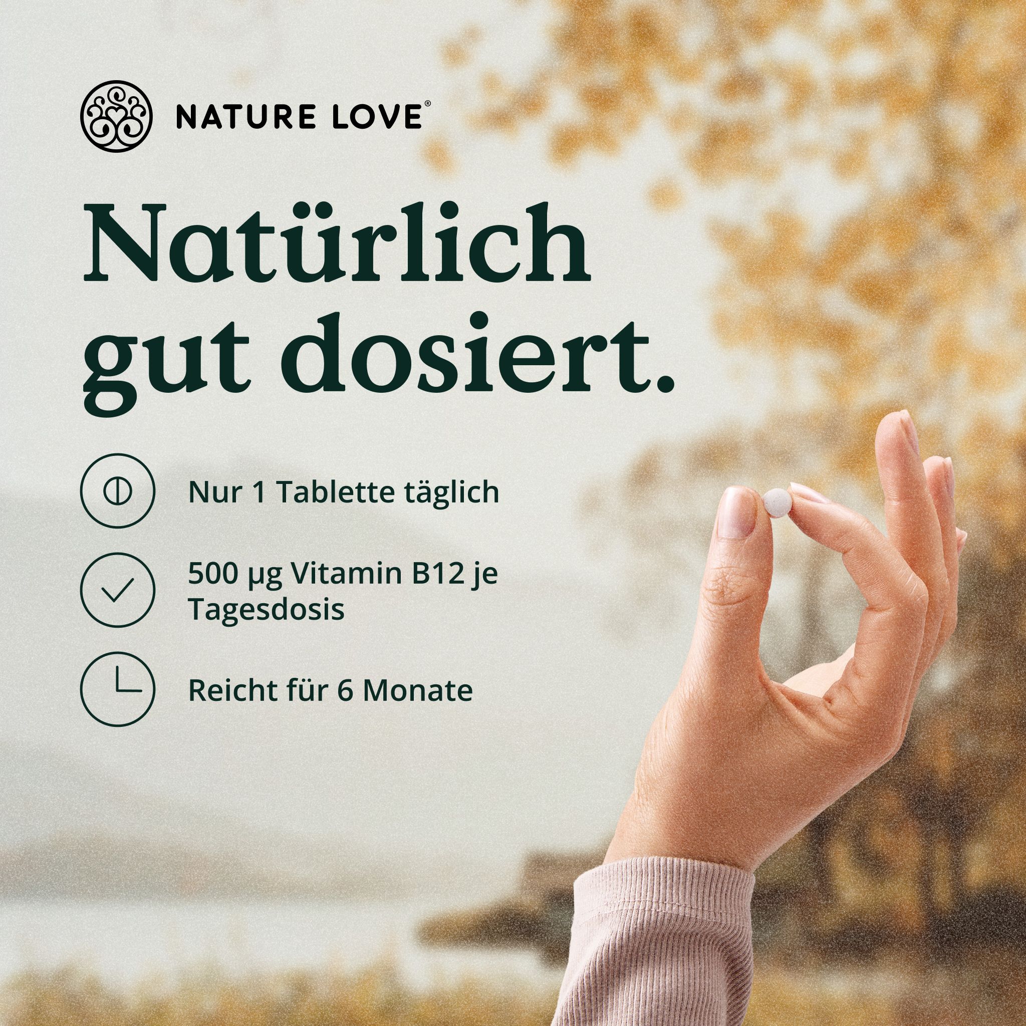 NATURE LOVE: Naturalmente ben dosato. Solo 1 compressa al giorno, 500 µg di vitamina B12. Sufficiente per 6 mesi.