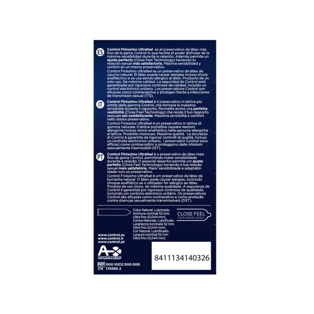 Retro della confezione di preservativi Control Finissimo Ultra Feel. Contiene informazioni e certificazioni.