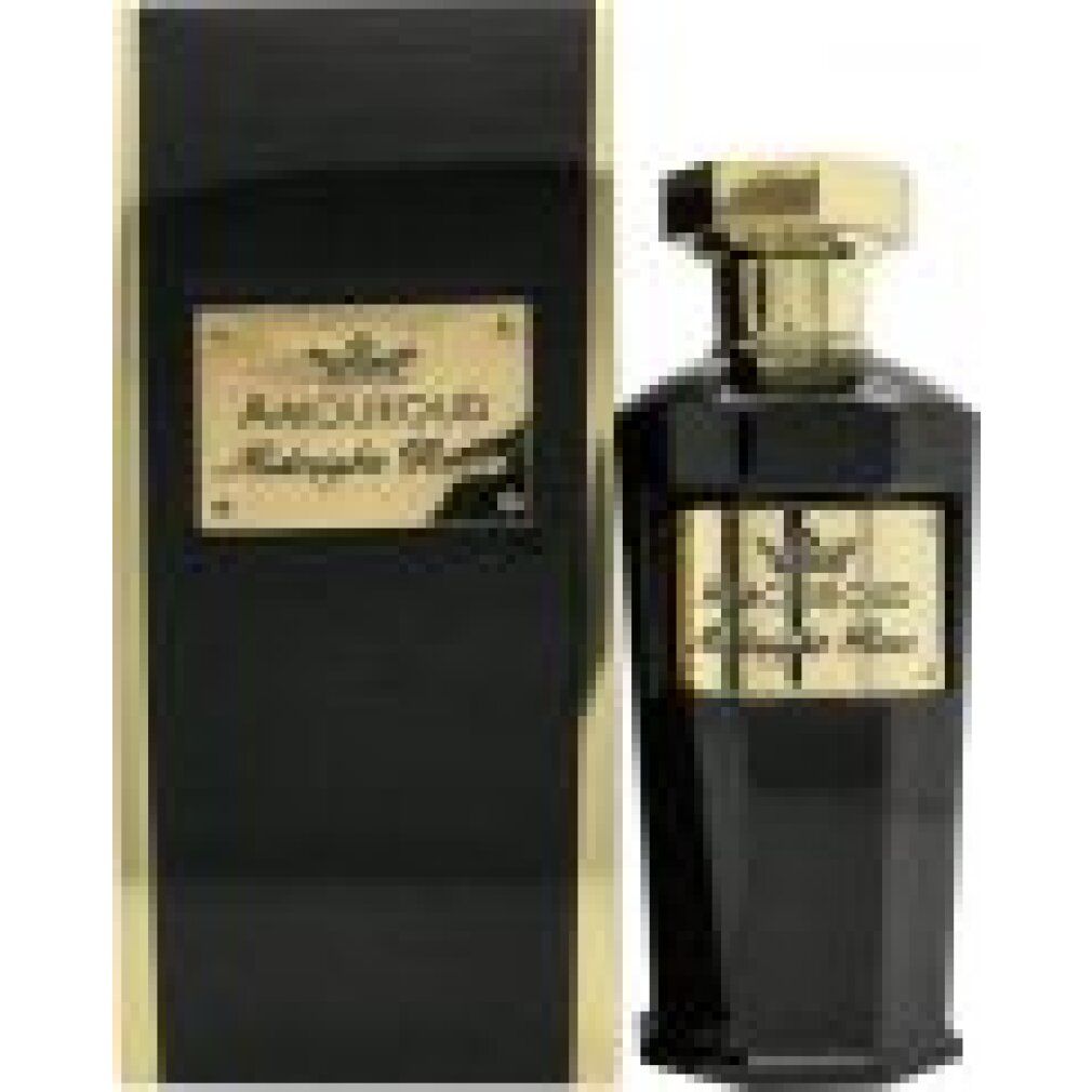 Flacone nero con tappo dorato ed etichetta. Confezione nera con dettagli dorati ed etichetta.