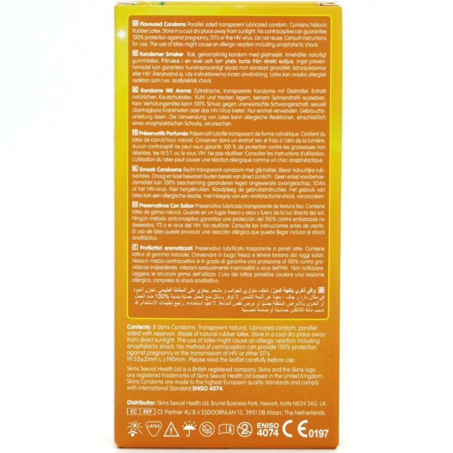 Retro di una confezione di preservativi gialla. Testo in più lingue, tra cui tedesco e inglese. Contiene informazioni sul prodotto.