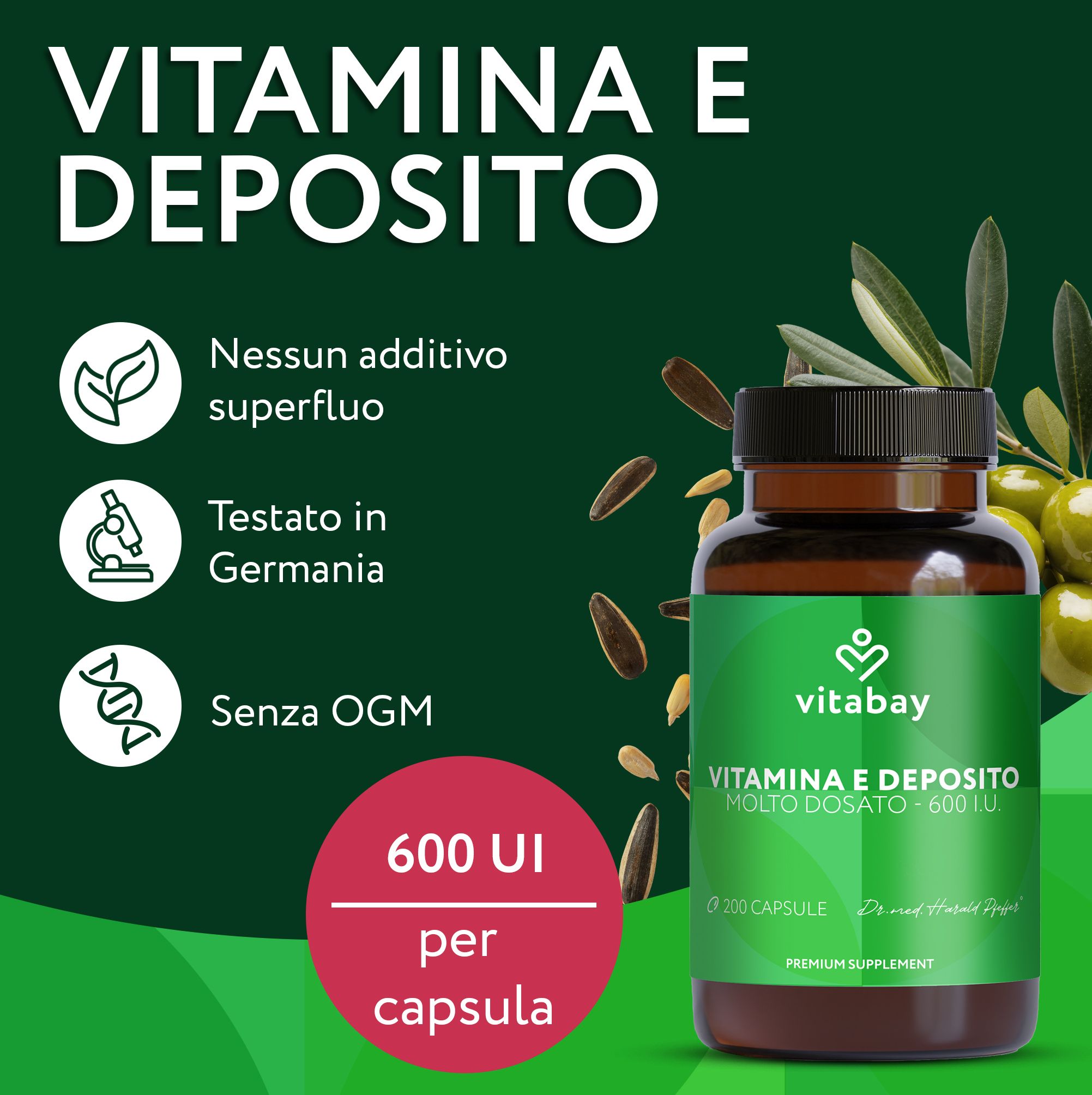 Vitamina E Vitabay: 600 UI per capsula, testato in Germania, senza OGM.