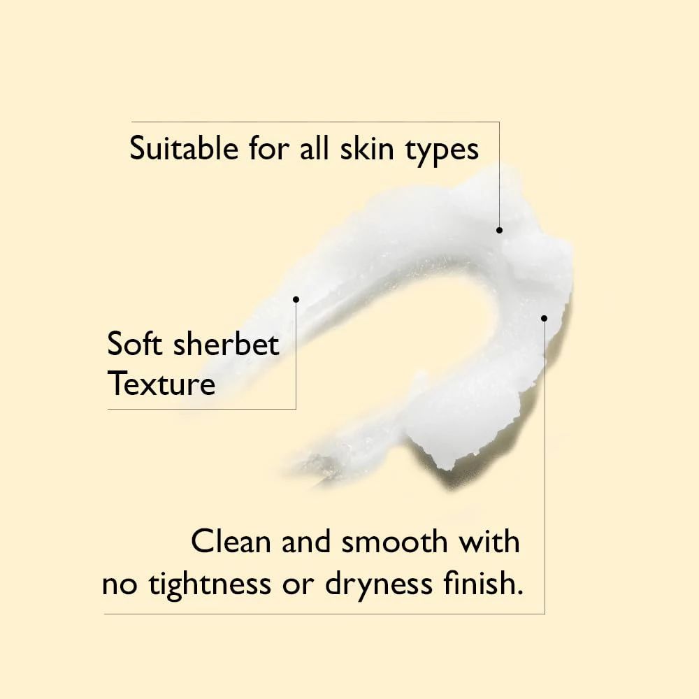 Texture morbida e cremosa. Adatto a tutti i tipi di pelle. Scritta: Soft sherbet Texture. Clean and smooth with no tightness or dryness finish.