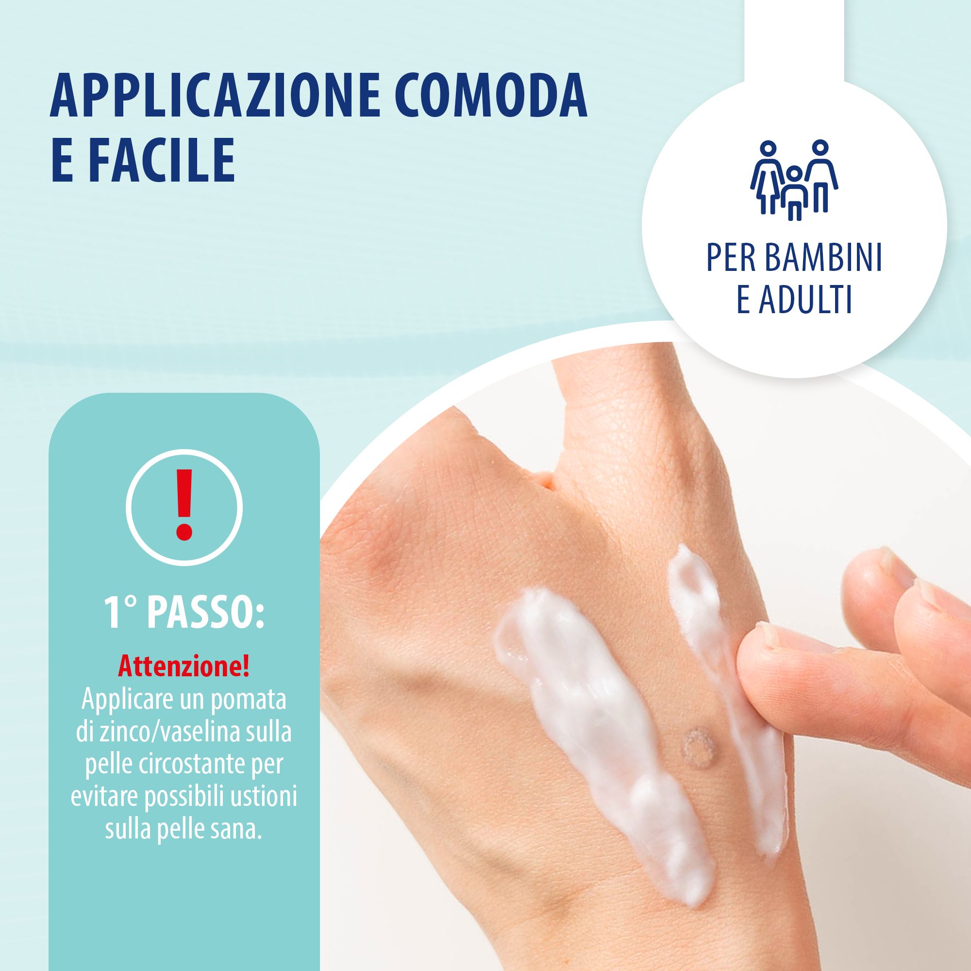 Mano con crema. Testo: Applicazione comoda e facile. Per bambini e adulti. Passo 1.