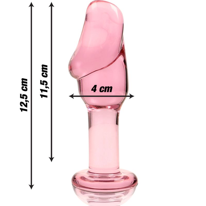 Plug anale in vetro rosa, lungo 12,5 cm, largo 4 cm.
