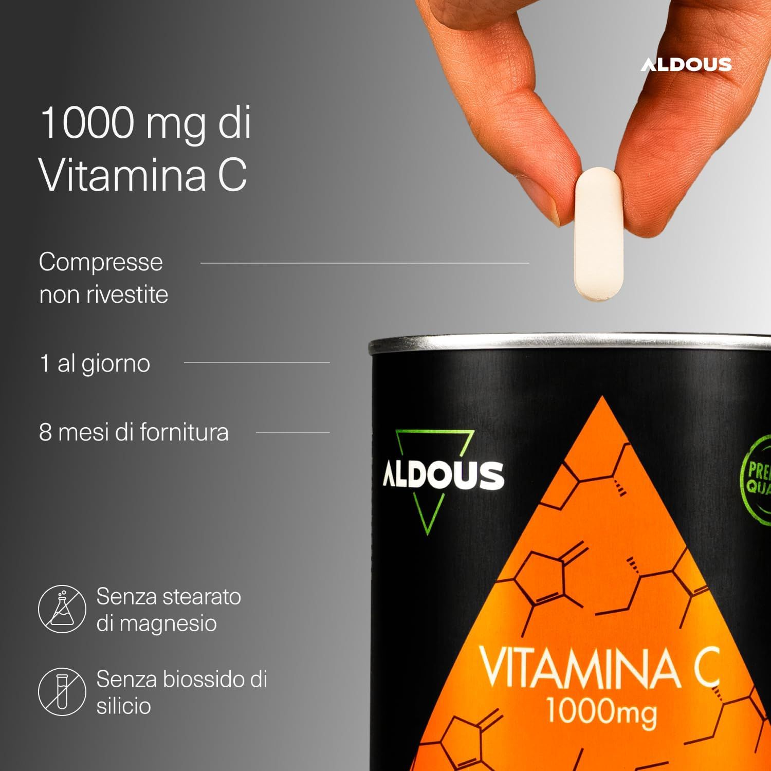 Lattina Aldous Vitamina C 1000mg con 250 compresse. Lattina nera con etichetta arancione e nera e formule chimiche.