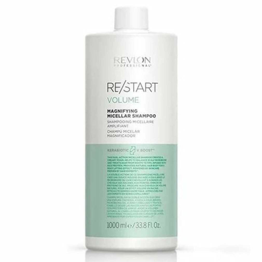 Flacone bianco di shampoo. Scritta: Revlon Re-Start Volume Magnifying Micellar Shampoo. 1000 ml.