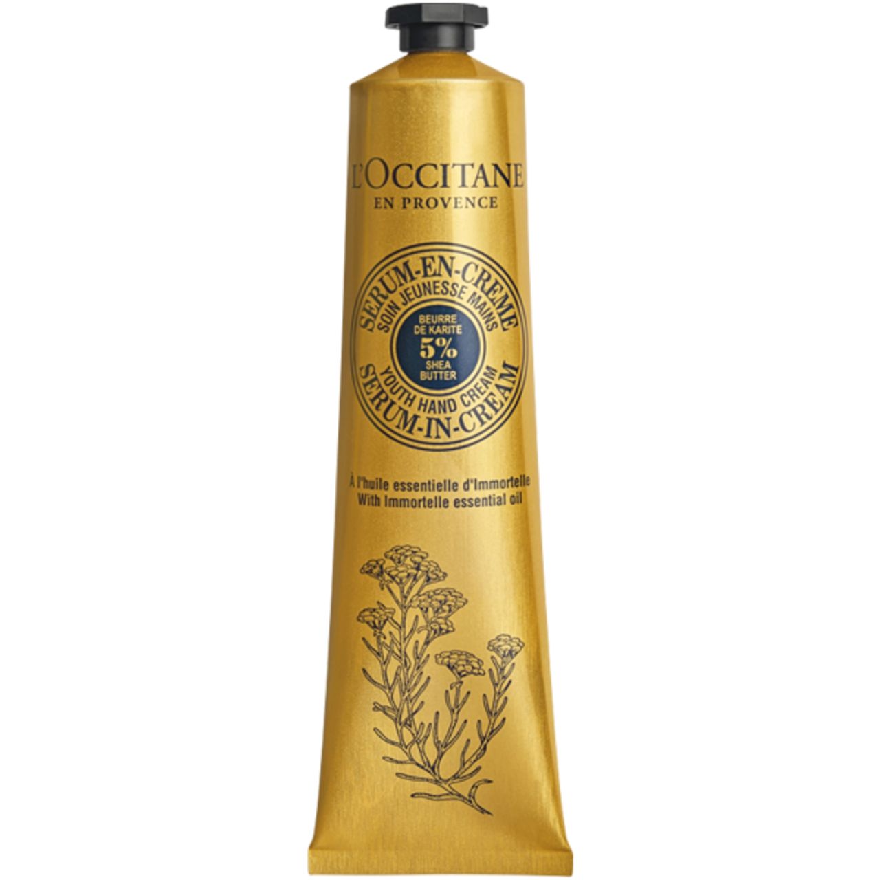 Tubo dorato L'Occitane. Testo: 'Serum-en-Crème'. Tappo a vite nero.