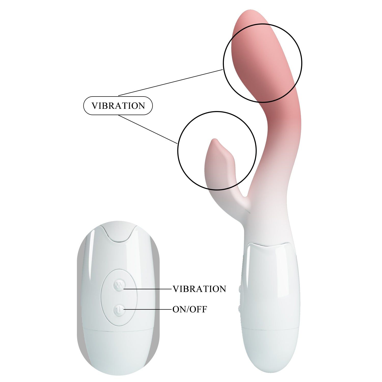 Vibratore rosa e bianco. Scritte: Vibration, On/Off. Con telecomando.