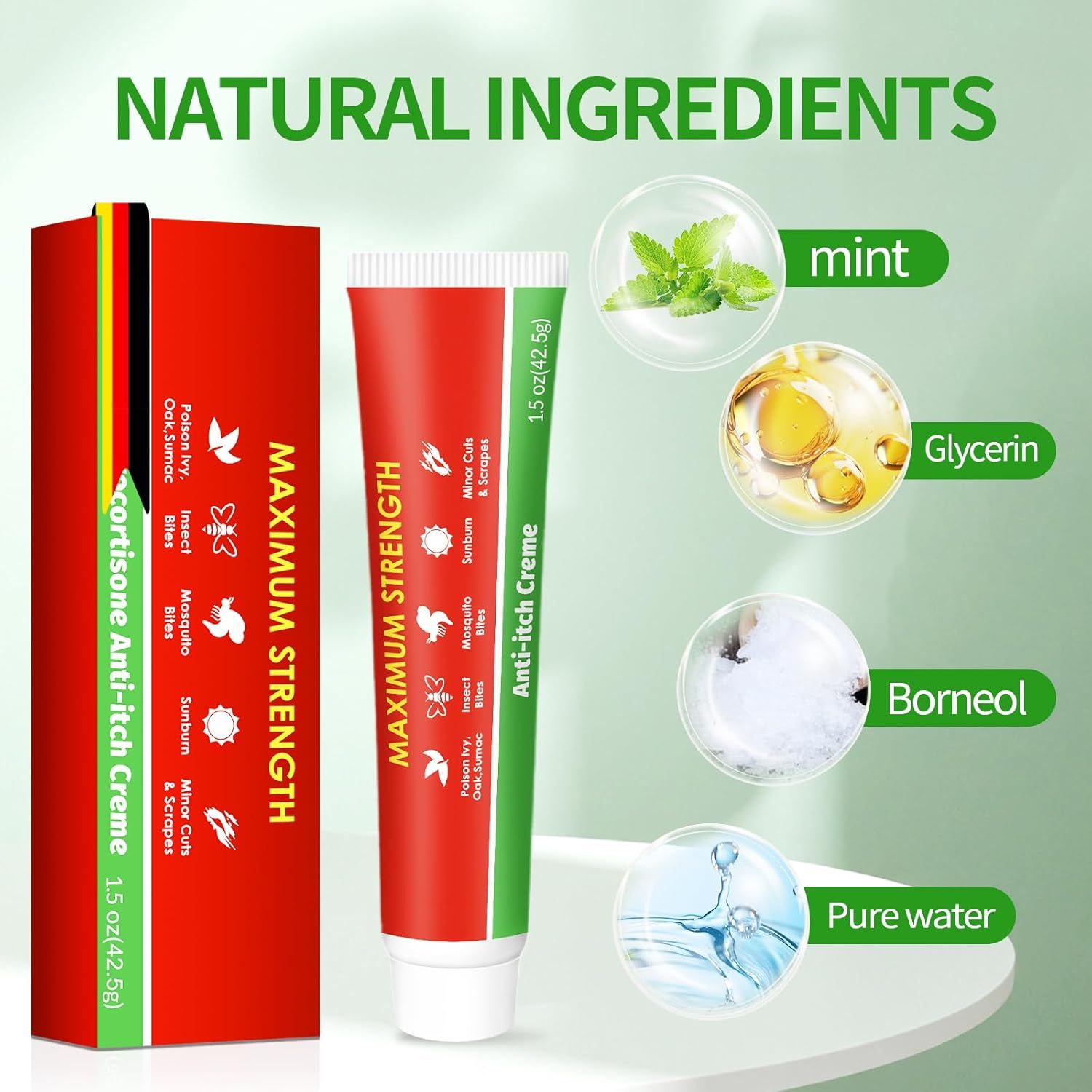 Scatola e tubo rossi. Testo: Maximum Strength, Crema anti-prurito. Ingredienti: menta, glicerina, borneolo, acqua pura.