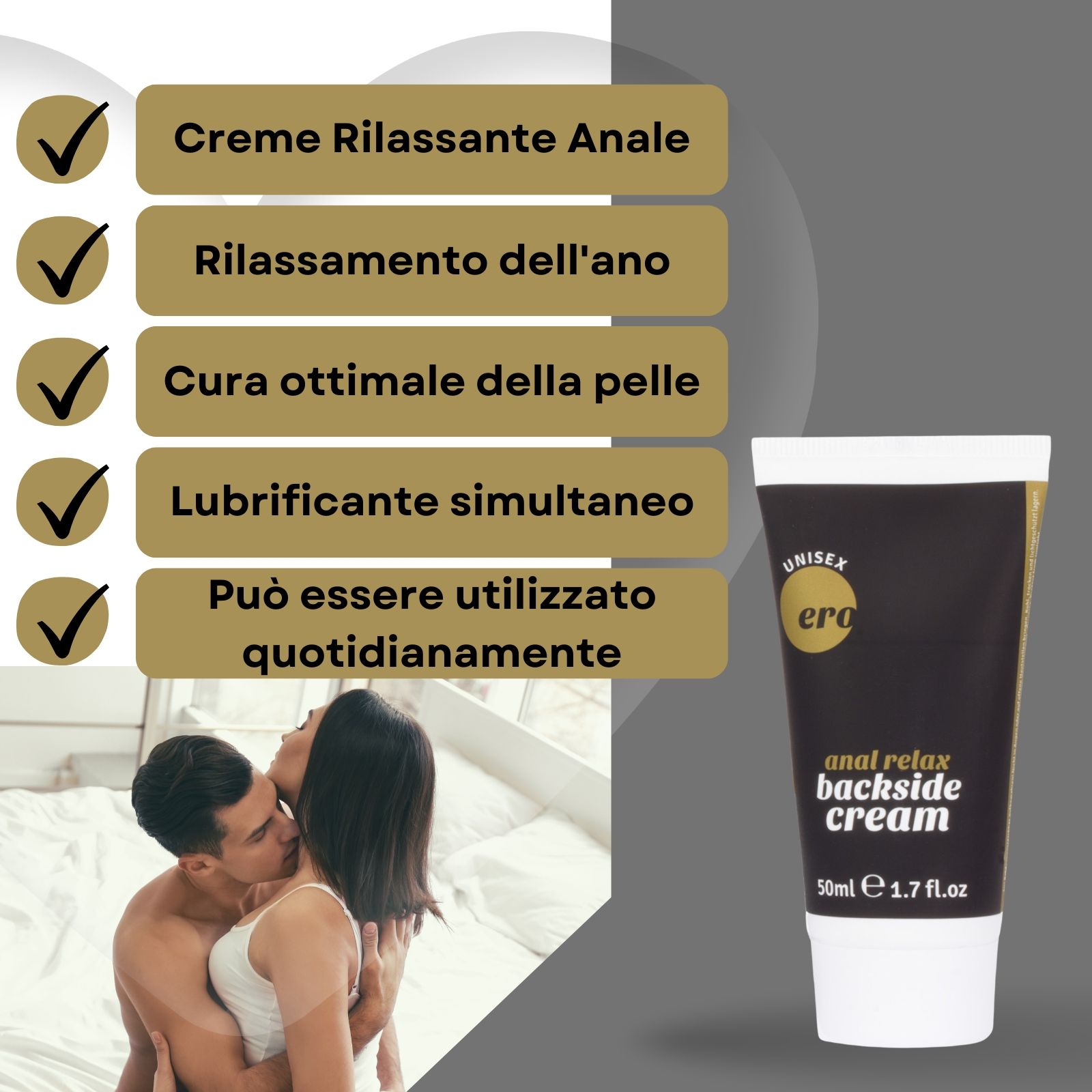 Tubo di crema e testo. Scritto: "Ero", "anal relax backside cream". Tubo nero, testo dorato. Coppia sullo sfondo.