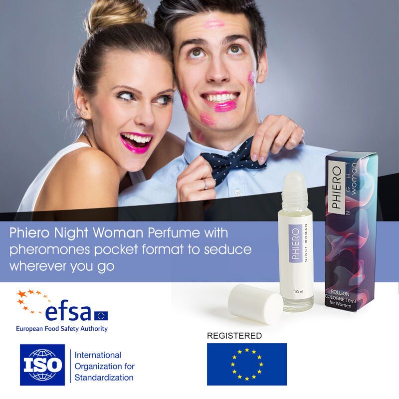 Flacone roll-on e confezione. Scritta: Phiero Night Woman. Certificazioni EFSA e ISO. Coppia con macchie di rossetto.