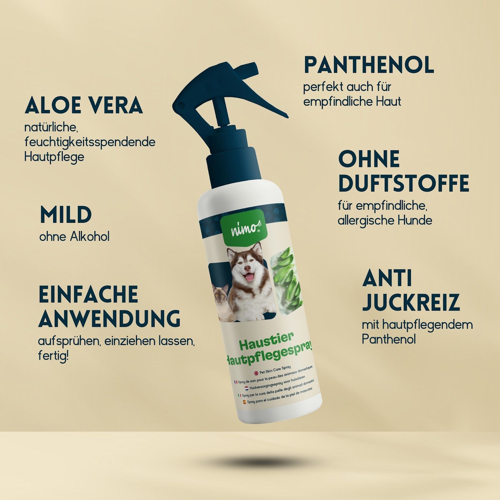 Flacone con spruzzatore. Testo: Aloe Vera, delicato, facile da usare, anti-prurito, senza profumo, pantenolo.