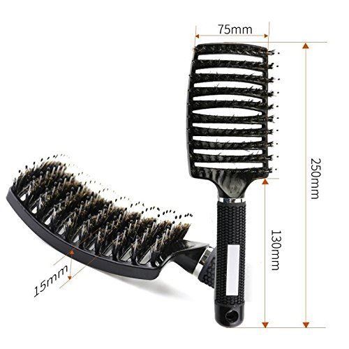 Spazzola per capelli con dimensioni: 250mm lunghezza, 75mm larghezza, 15mm spessore.