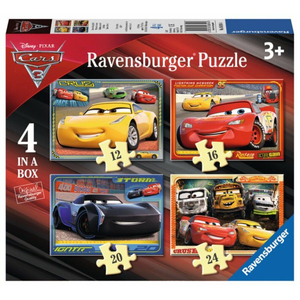 Puzzle Ravensburger 4-in-1 Disney Pixar Cars 3. Quattro puzzle di auto, diversi numeri di pezzi. Confezione con nome del prodotto.
