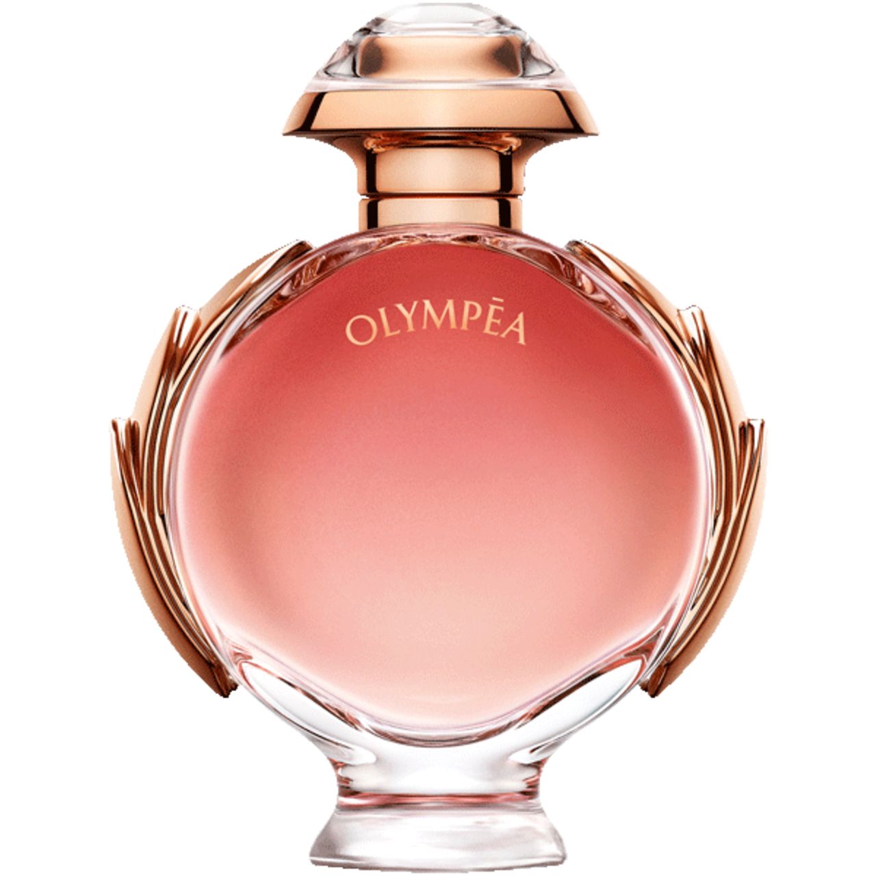 Flacone Olympéa E.d.P. Nat. Spray. Rotondo, sfumatura rosa, dettagli dorati. Base in vetro trasparente.
