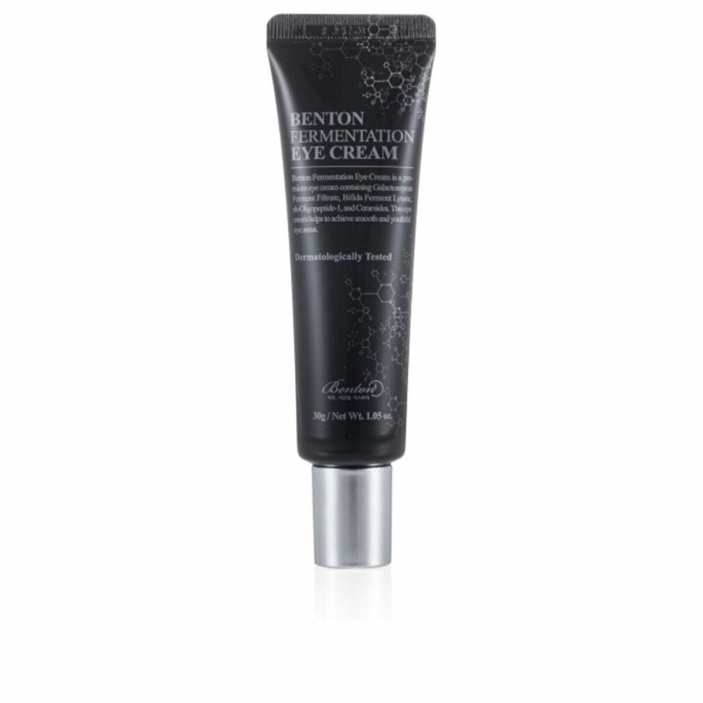 Tubo nero con tappo argentato. Scritta: Benton Fermentation Eye Cream. "Dermatologicamente testato".