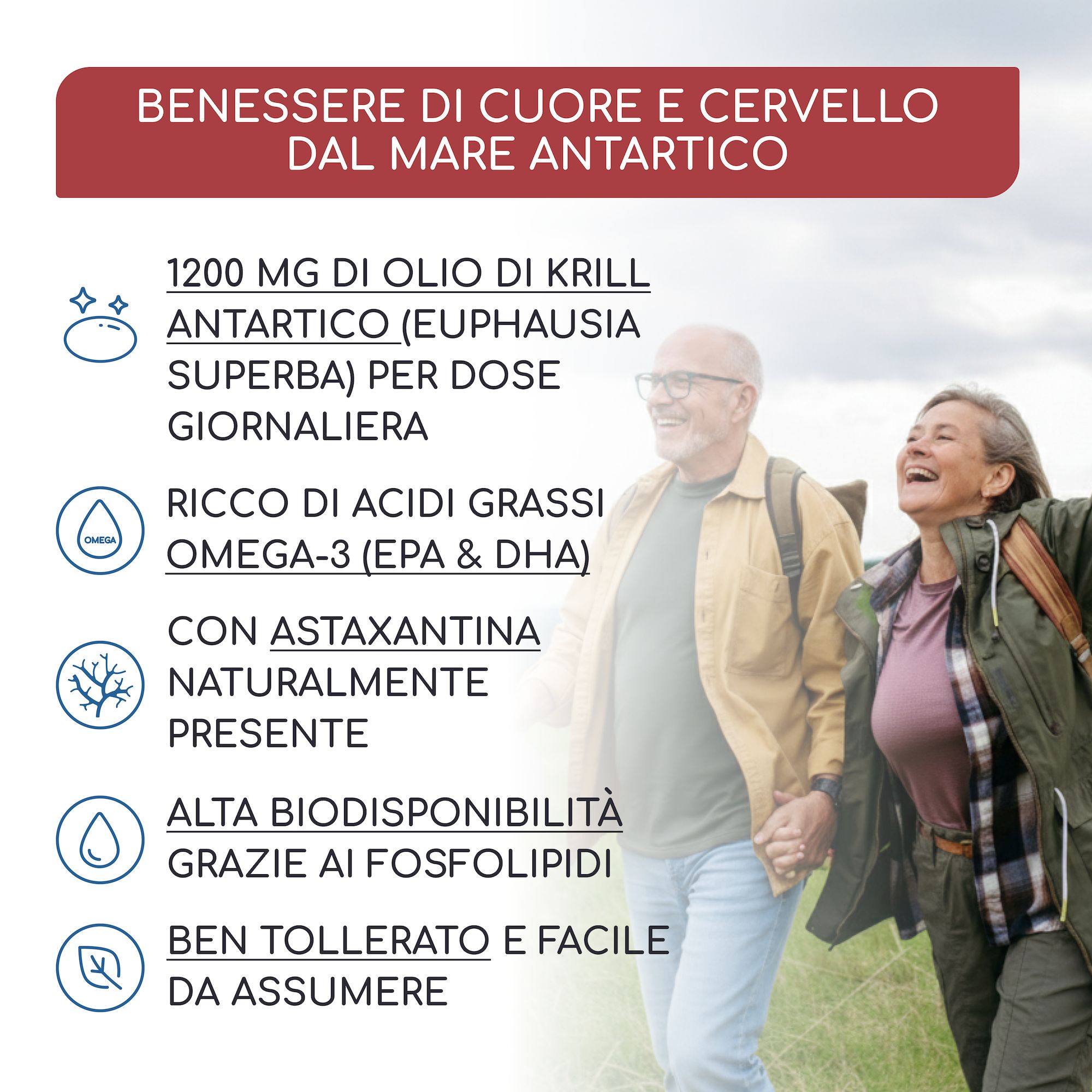 Due anziani camminano all'aperto. Testo: 1200 mg di olio di krill, ricco di acidi grassi omega-3, astaxantina. Ben tollerato.