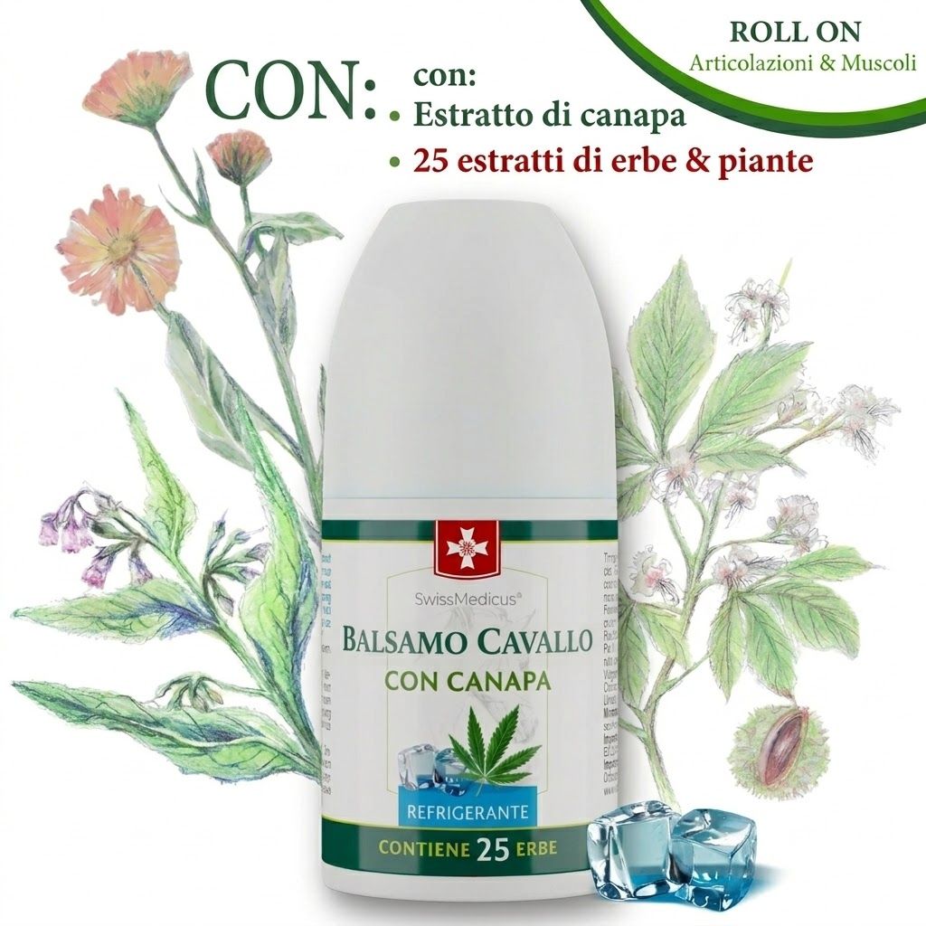 Roll-on con testo: Balsamo Cavallo con Canapa, rinfrescante, contiene 25 erbe. Illustrazioni di erbe e piante.