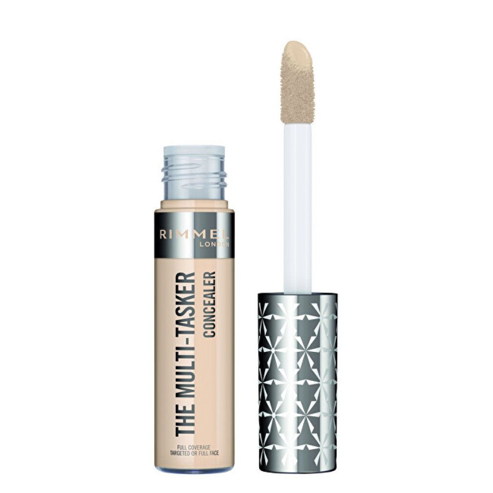 Tubo correttore con tappo argentato e applicatore. Scritta: Rimmel London, THE MULTI-TASKER CONCEALER. Beige.
