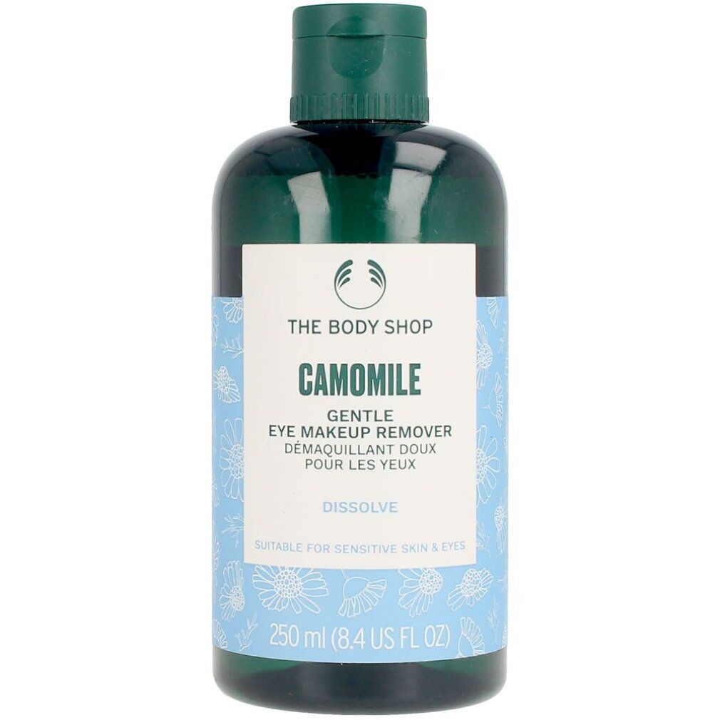 Flacone verde con etichetta bianca. Scritta: CAMOMILE Gentle Eye Make-Up Remover. 250 ml. Adatto alla pelle sensibile.