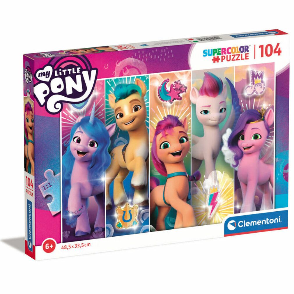 Puzzle Clementoni My Little Pony, 104 pezzi. Confezione con personaggi pony. Dimensioni: 48,5 x 33,5 cm. Puzzle Supercolor.
