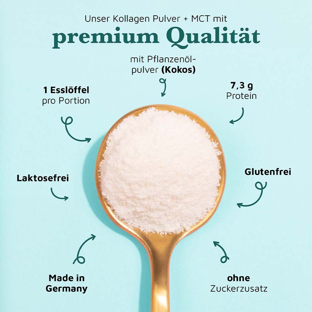 Cucchiaio dorato con polvere. Testo: Qualità premium, con polvere di olio vegetale (cocco). Senza lattosio, senza glutine, senza zucchero.
