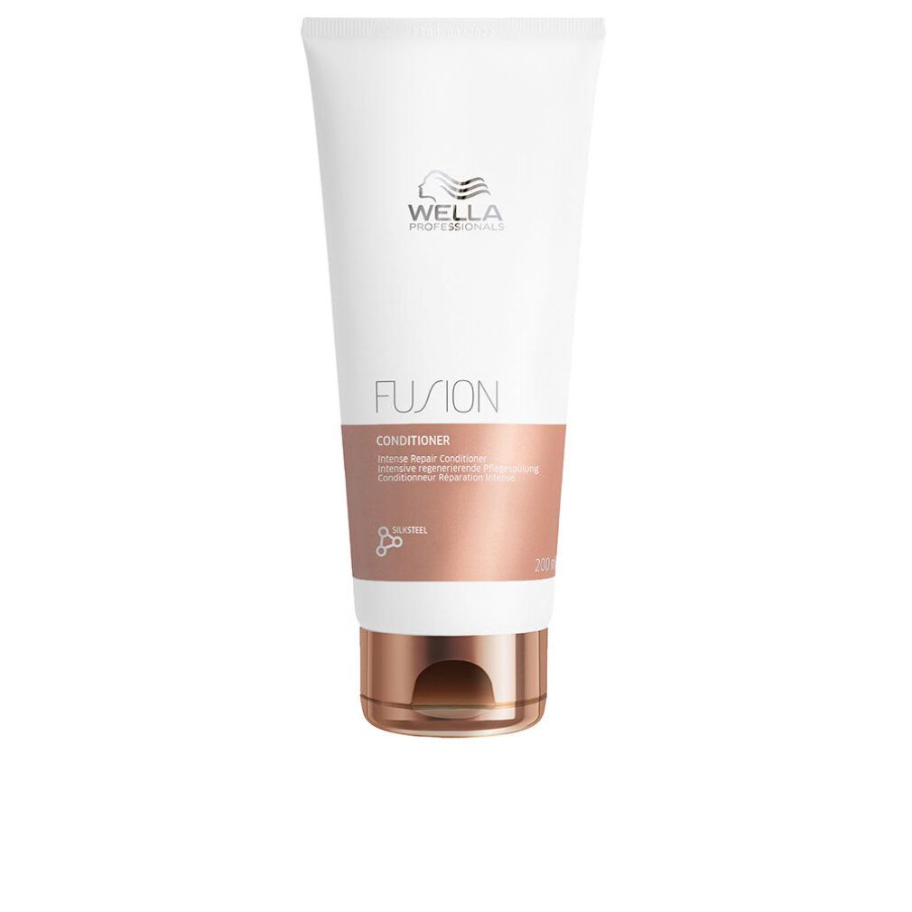 Tubo bianco con sezione marrone. Scritta: Wella, Fusion, Conditioner. Chiusura color bronzo.