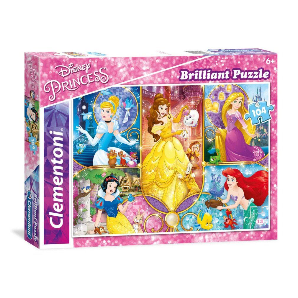 Puzzle Clementoni Principesse Disney, 104 pezzi. Confezione con Cenerentola, Belle, Rapunzel, Biancaneve e Ariel.