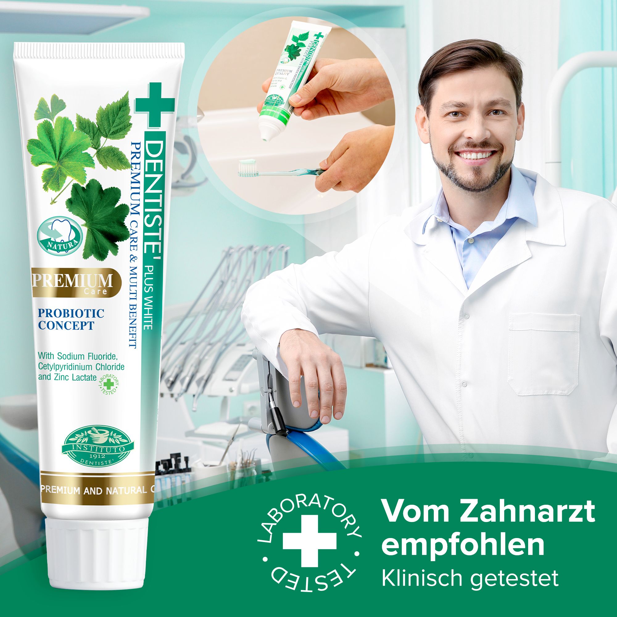 Tubo di dentifricio con testo e medico. Consigliato dal dentista. Clinicamente testato. Premium Care & Multi Benefit. Con fluoruro di sodio.
