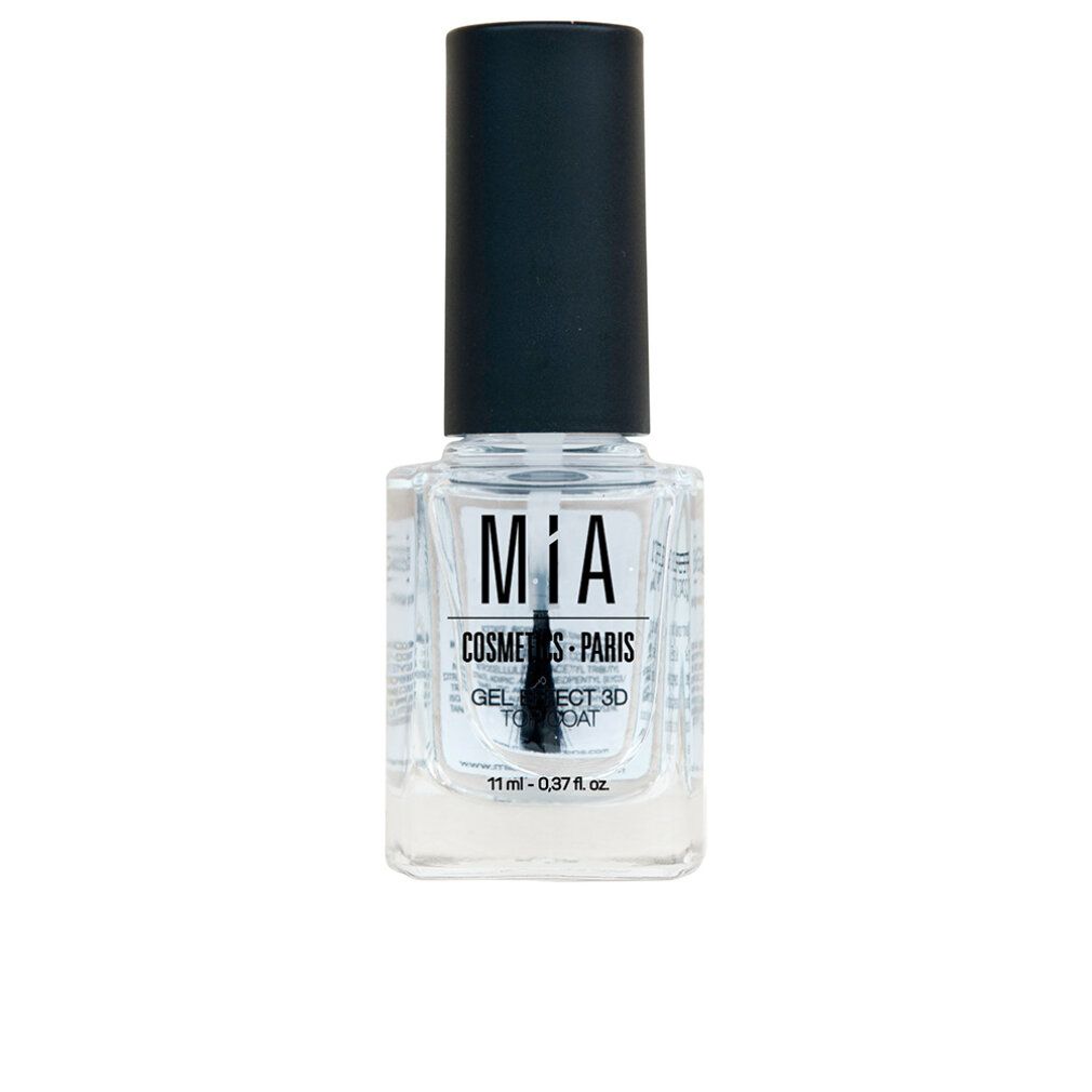 Flacone di smalto trasparente con tappo nero. Scritta: MIA, COSMETICS-PARIS, GEL EFFECT 3D TOP COAT. 11 ml - 0.37 fl. oz. Pennello visibile.