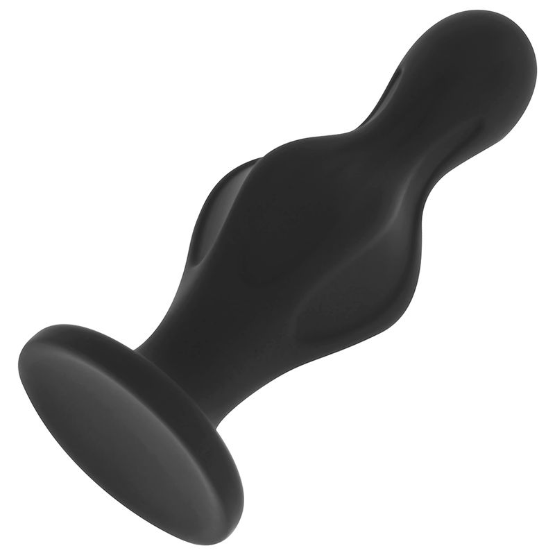 Plug anale in silicone nero. Base ampia, forma curva. 12 cm.
