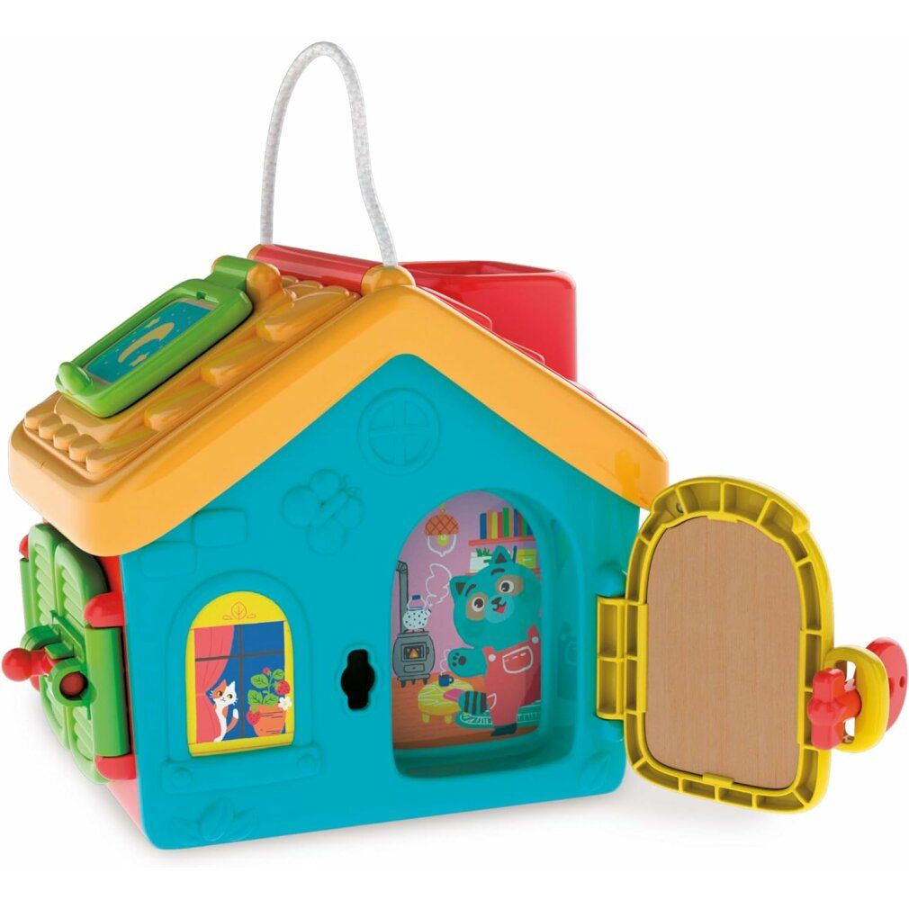 Casa gioco con porta e finestra aperte. Design multicolore. Vista interna con illustrazioni. Maniglia in alto.