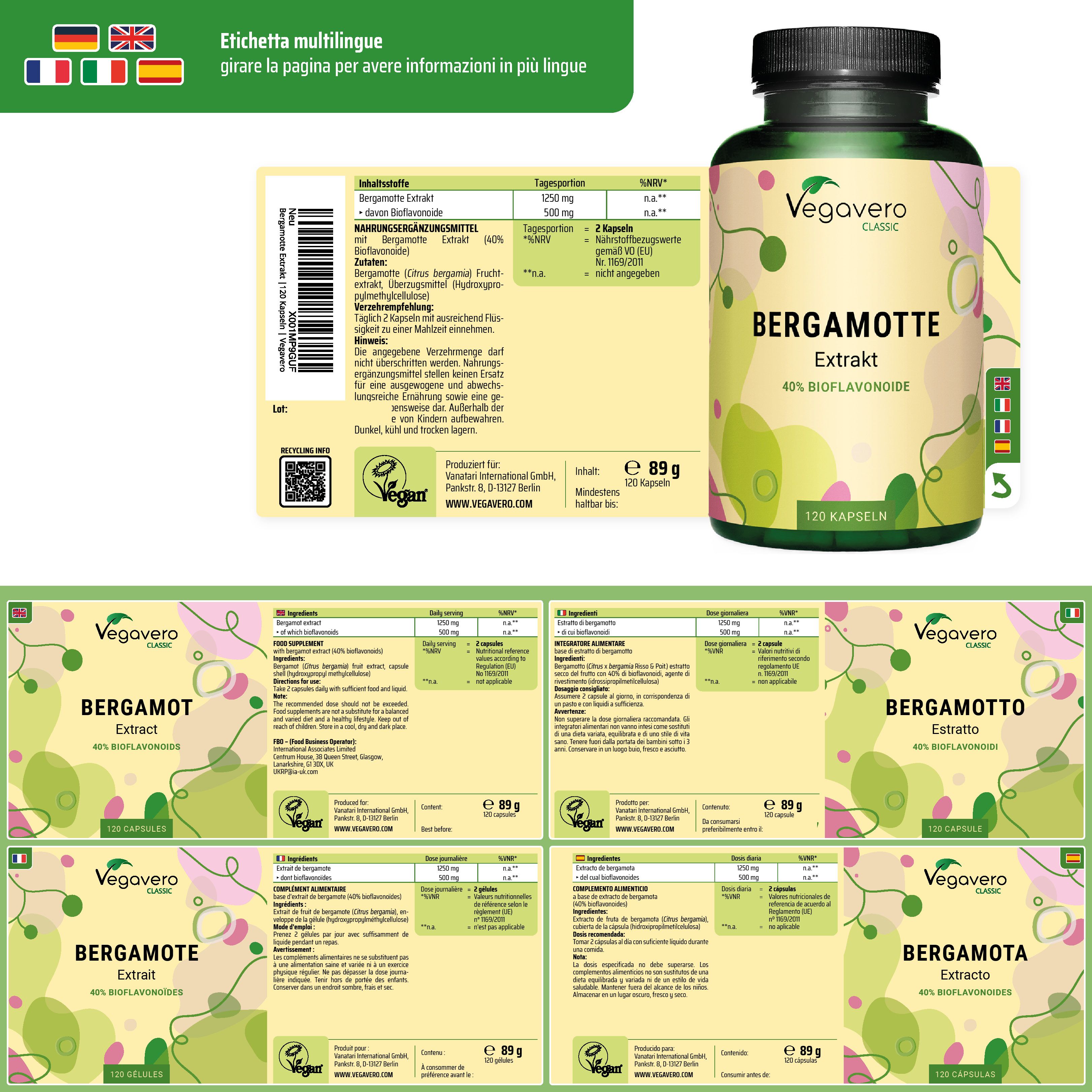 Etichetta multilingue con informazioni. Flacone di capsule. Scritta: Bergamotte Extrakt, 40% Bioflavonoidi. 120 capsule.